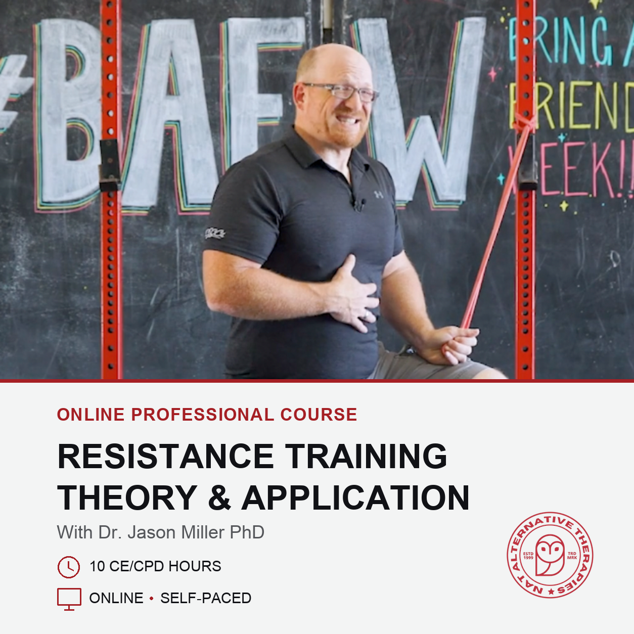 Promotional graphic for an online professional course titled 'Resistance Training Theory & Application' with Dr. Jason Miller PhD.