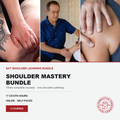 Promotional graphic for the 'Shoulder Mastery Bundle' by Alternative Vision School, featuring three panels of massage and shoulder therapy on the top and course details on a white background below.