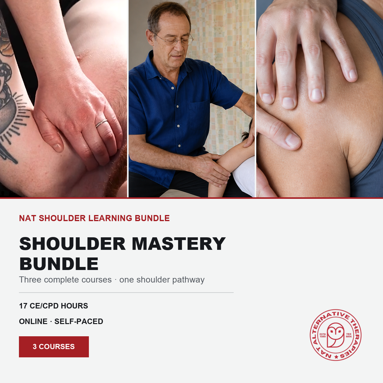 Promotional graphic for the 'Shoulder Mastery Bundle' by Alternative Vision School, featuring three panels of massage and shoulder therapy on the top and course details on a white background below.