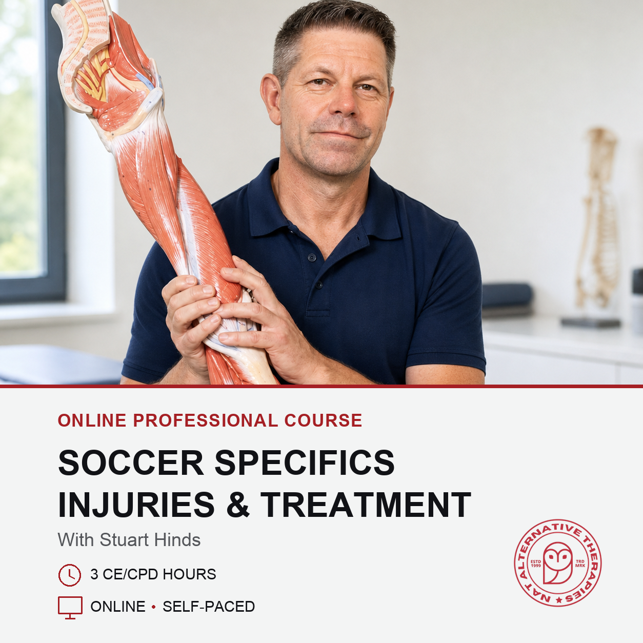 Promotional image of a therapist presenting lower limb anatomy for an online CE course Soccer Specifics.