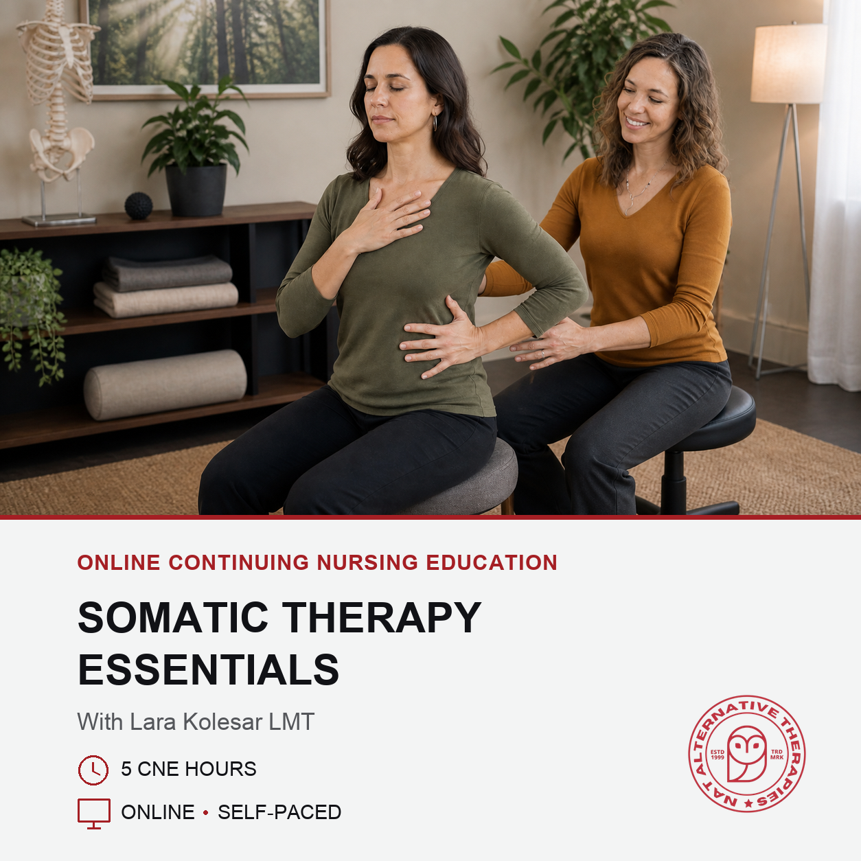 Promotional graphic for an online continuing nursing education course titled 'Somatic Therapy Essentials' with Lara Kolesar LMT. The top portion shows a lifestyle scene of a therapist massaging a client's lower back on a somatic ball in a therapy room.