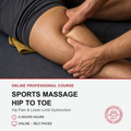Promotional graphic for an online professional course on sports massage, showing a close-up of a therapist's hands massaging a person's hip and upper leg. The lower portion features text detailing the course 'Sports Massage Hip To Toe' and a red logo for 'The Initiative Program & Academy'.