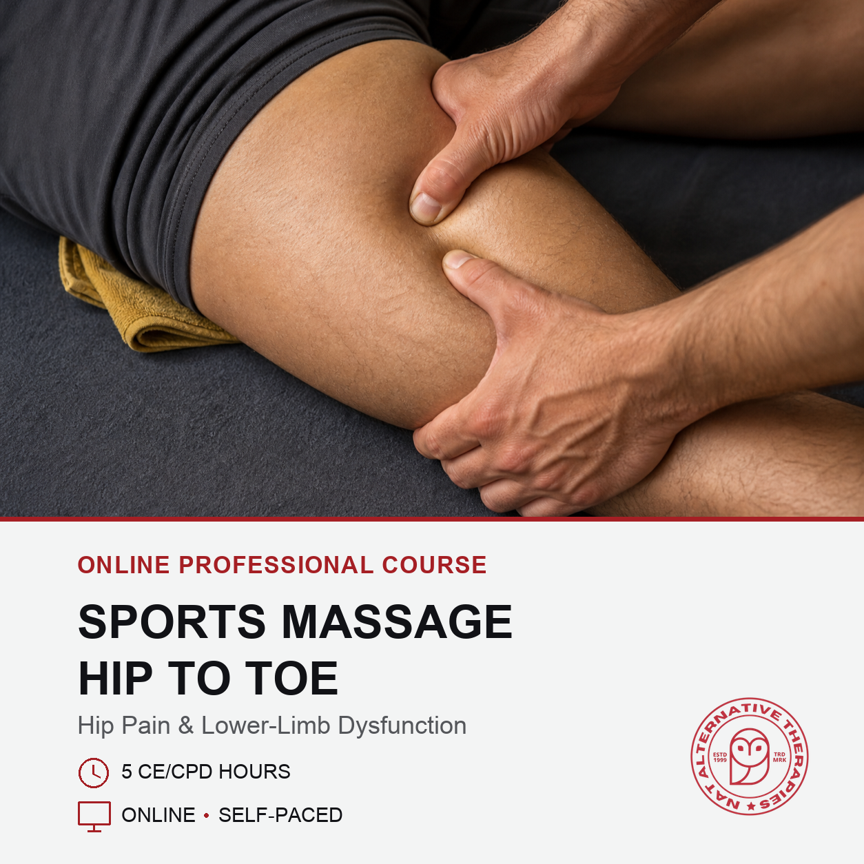 Promotional graphic for an online professional course on sports massage, showing a close-up of a therapist's hands massaging a person's hip and upper leg. The lower portion features text detailing the course 'Sports Massage Hip To Toe' and a red logo for 'The Initiative Program & Academy'.