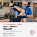 A man in a blue Adidas polo shirt performs a massage stretch on another person lying down in an office setting. The lower portion of the image features a white banner with text reading 'NAT Advanced Skills Diploma Sports Massage Therapist' and course details, alongside the 'Native Skills Academy' logo.