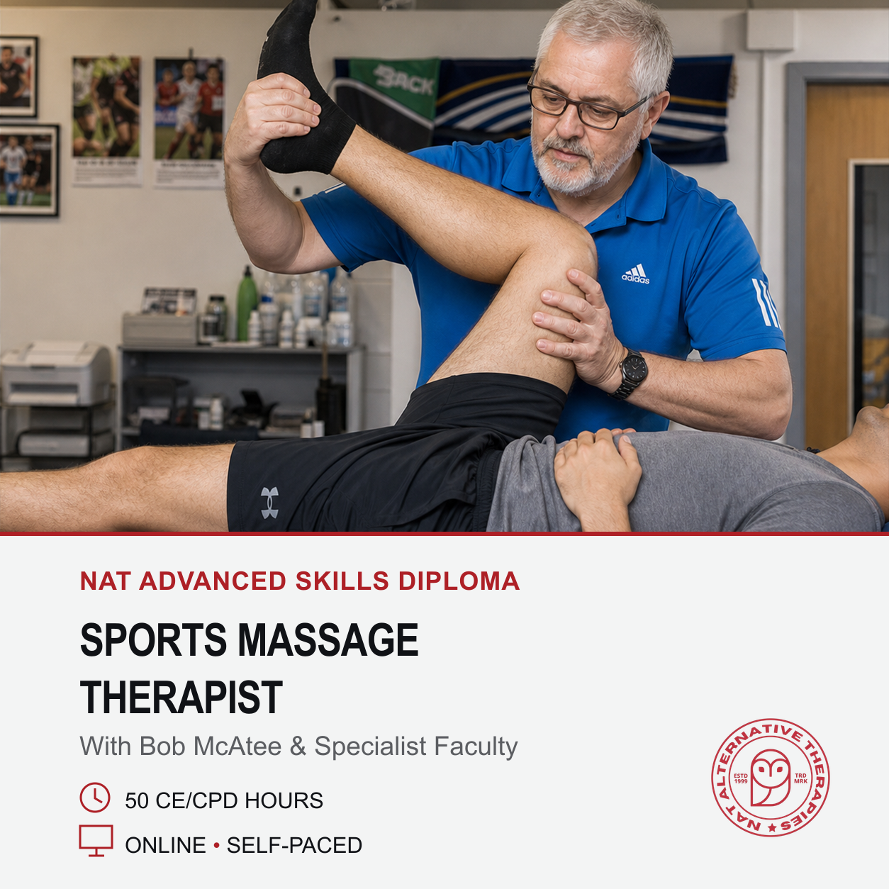 A man in a blue Adidas polo shirt performs a massage stretch on another person lying down in an office setting. The lower portion of the image features a white banner with text reading 'NAT Advanced Skills Diploma Sports Massage Therapist' and course details, alongside the 'Native Skills Academy' logo.