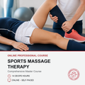 A promotional graphic for an online professional course in sports massage therapy, featuring a lifestyle photo of a massage therapist performing a leg massage on a client. The lower portion contains text detailing the course features and a logo for 'Creative Massage School & Assn'.