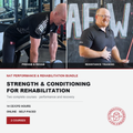 Promotional graphic for the Nat Performance & Rehabilitation Bundle, featuring two side-by-side photos of a man in a gym: one labeled 'PREHAB & REHAB' and the other 'RESISTANCE TRAINING'. Below the photos, text reads 'STRENGTH & CONDITIONING FOR REHABILITATION' with course details and the Alternative View logo.