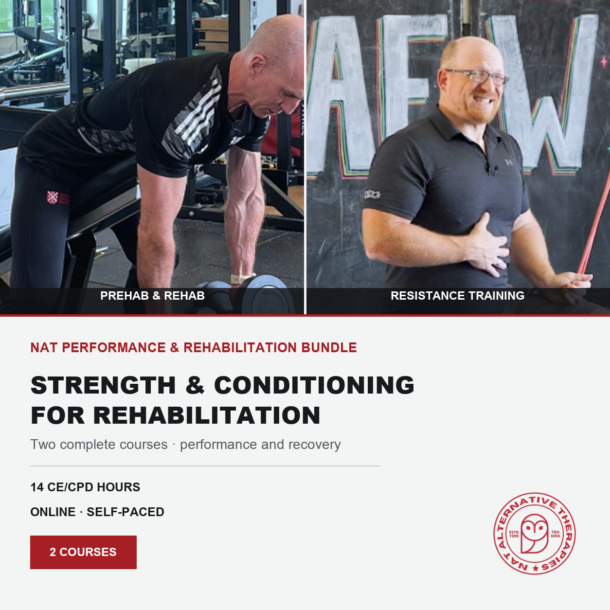 Promotional graphic for the Nat Performance & Rehabilitation Bundle, featuring two side-by-side photos of a man in a gym: one labeled 'PREHAB & REHAB' and the other 'RESISTANCE TRAINING'. Below the photos, text reads 'STRENGTH & CONDITIONING FOR REHABILITATION' with course details and the Alternative View logo.