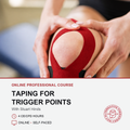 A person taping a knee with red and black athletic compression tape, with overlaid text reading 'ONLINE PROFESSIONAL COURSE' and 'TAPING FOR TRIGGER POINTS' plus a circular logo for 'Creative Pain Relief School & Academy'.