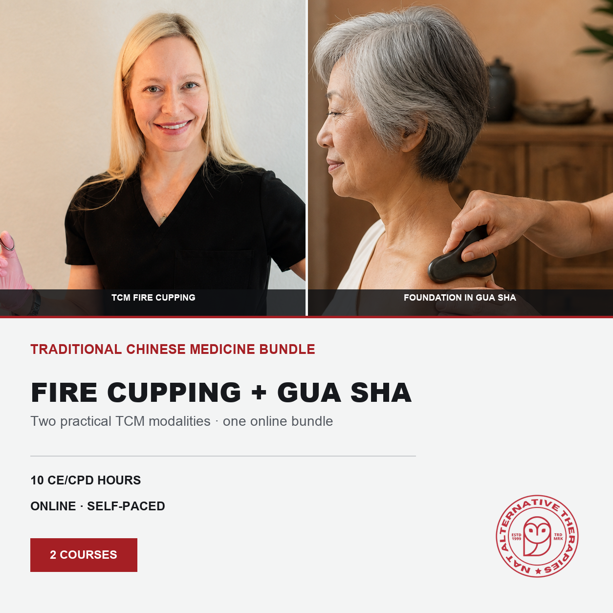 Promotional graphic for a Traditional Chinese Medicine bundle featuring fire cupping and gua sha courses. The top half shows two practitioners: a blonde woman in a black top labeled 'TCM FIRE CUPPING' and an older woman receiving a gua sha massage labeled 'FOUNDATION IN GUA SHA'.