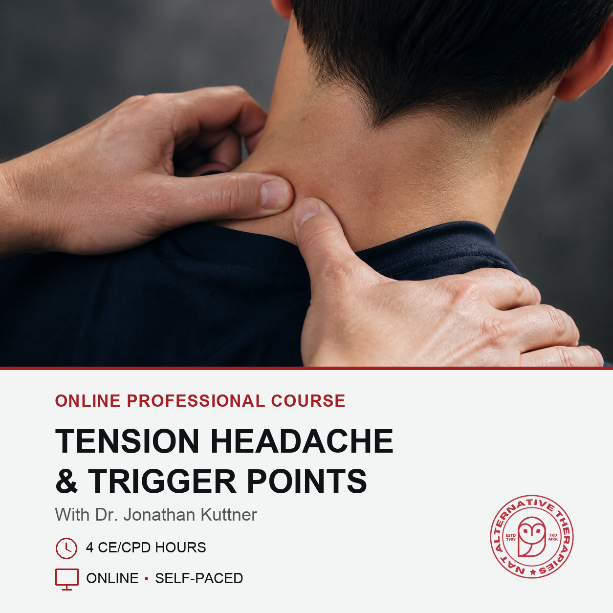 Promotional graphic for an online professional course titled 'Tension Headache & Trigger Points' with Dr. Jonathan Kutner.