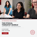 Promotional graphic for 'The Ethical Therapist Bundle' featuring three professional photos of therapists at the top and text detailing the bundle's three courses, CE/CPD hours, and online self-paced format. A red and white owl logo for 'The Legislative Vision Center' is visible in the bottom right corner.