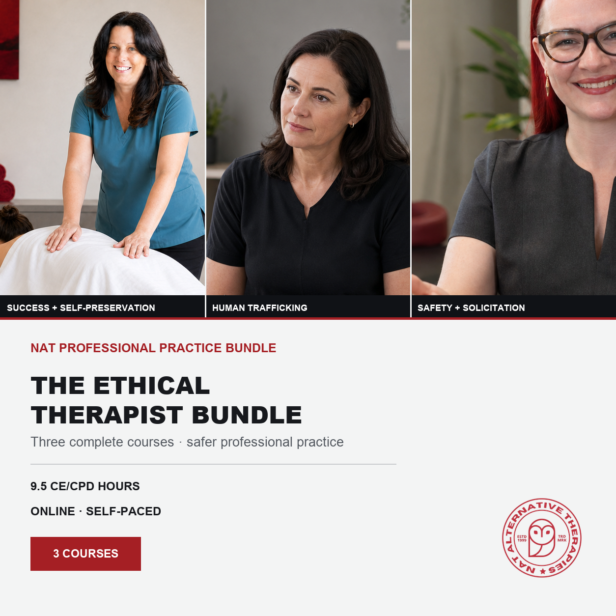 Promotional graphic for 'The Ethical Therapist Bundle' featuring three professional photos of therapists at the top and text detailing the bundle's three courses, CE/CPD hours, and online self-paced format. A red and white owl logo for 'The Legislative Vision Center' is visible in the bottom right corner.