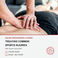 A close-up photo of a therapist's hands applying pressure to a person's lower back, with a large text block below reading 'ONLINE PROFESSIONAL COURSE TREATING COMMON SPORTS INJURIES' and course details. A circular logo for 'Compassive Care School & Academy' appears on the bottom right.