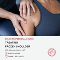 Promotional graphic for an online professional course titled 'Treating Frozen Shoulder' with Maureen Abson LMT. The top half shows a close-up of a therapist's hands massaging a person's shoulder.
