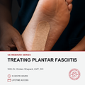 A close-up of a person's foot and ankle showing a beige plantar fascia strip applied to the sole, with overlaid text reading 'TREATING PLANTAR FASCITIS' and a circular logo for Alternative Vision Skin + Pain.