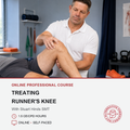 A man in a white polo shirt and dark shorts is demonstrating how to treat a runner's knee while another person lies on a treatment table. The lower portion of the image features a white banner with red text reading 'ONLINE PROFESSIONAL COURSE: Treating Runner's Knee' and course details, alongside a circular logo for 'The Native Pain & Wellness Center'.