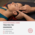 A professional massage therapist's hands gently holding the head and neck of a woman lying down, with a text banner at the bottom advertising an online professional course on treating TMJ disorders.