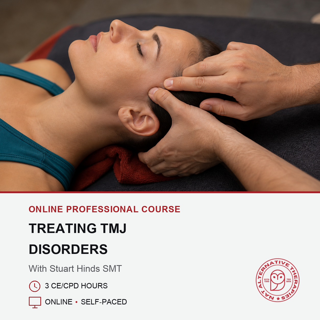 A professional massage therapist's hands gently holding the head and neck of a woman lying down, with a text banner at the bottom advertising an online professional course on treating TMJ disorders.
