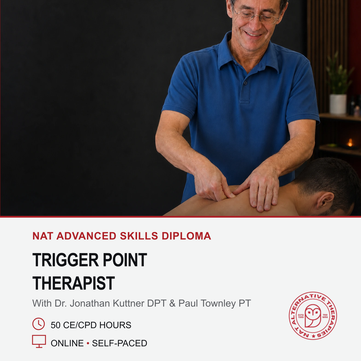 Promotional graphic for a Trigger Point Therapist diploma, featuring a photo of a male therapist massaging a client's upper back, with text detailing the NAT Advanced Skills Diploma program below.