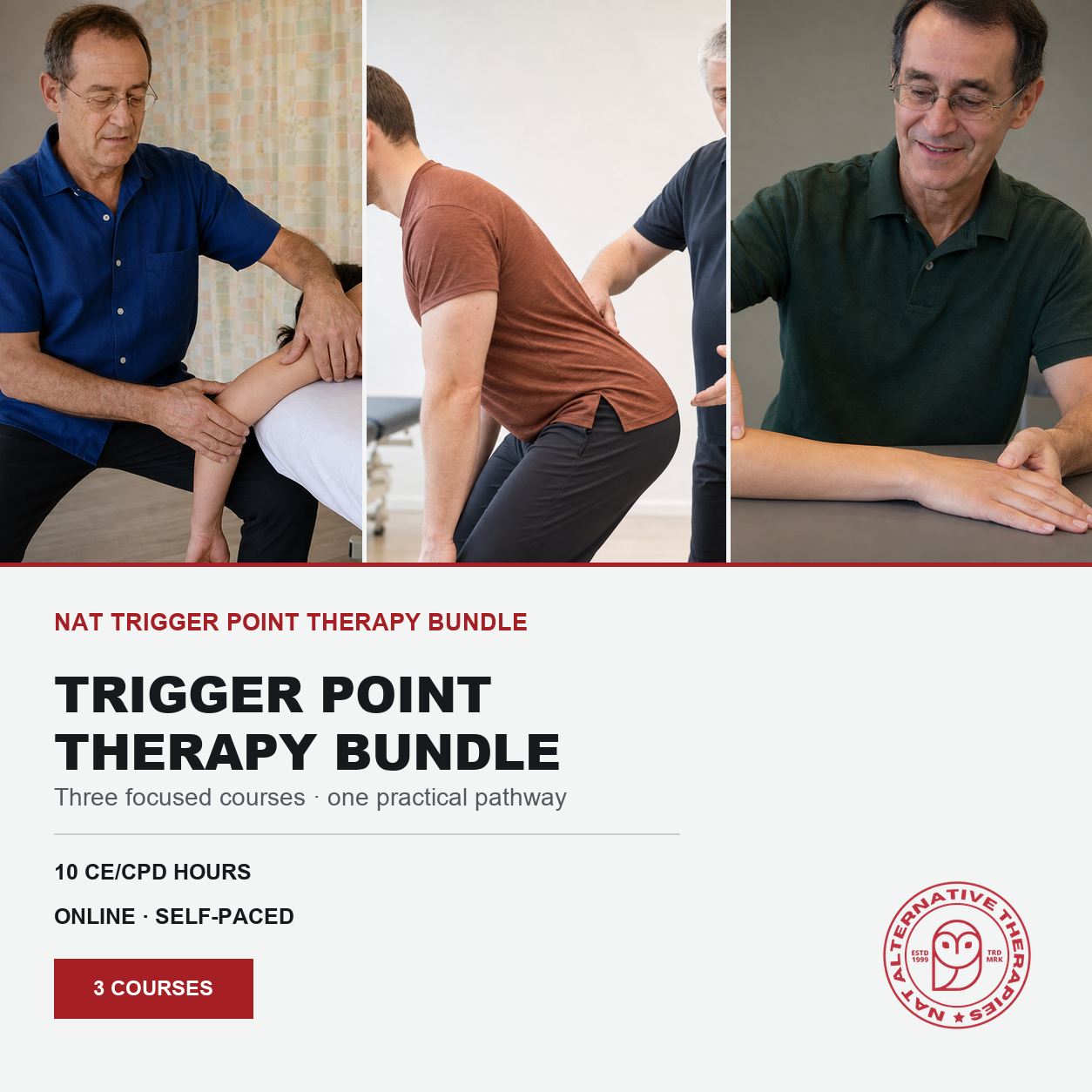 Promotional graphic for the NAT Trigger Point Therapy Bundle, featuring three photos of therapists performing trigger point techniques on patients, with text detailing course information and a logo for Alternative Health Pain Relief.