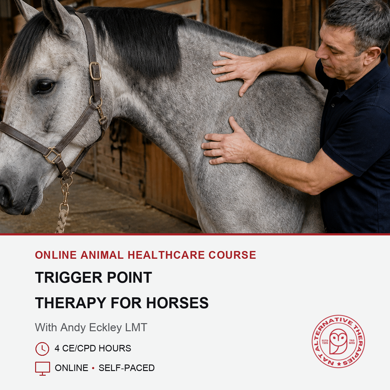 Promotional graphic for an online animal healthcare course featuring a photo of a veterinarian touching a gray horse, with text reading 'Trigger Point Therapy for Horses' and course details below.