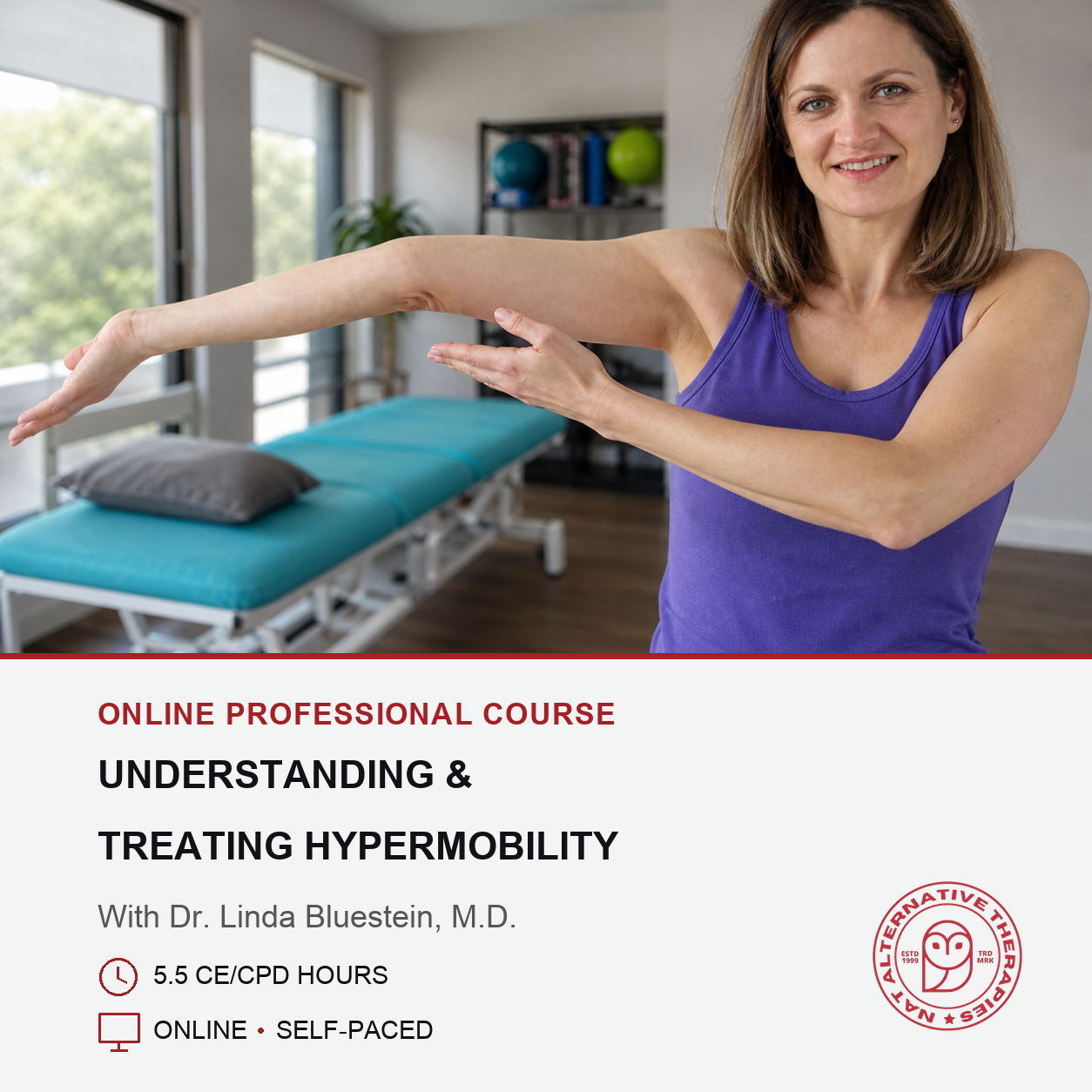 A woman in a purple tank top performs a yoga or stretching pose in a bright fitness studio, with text overlay promoting an online professional course titled 'Understanding & Treating Hypermobility' with Dr. Linda Bluestein, M.