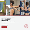 Promotional graphic for the 'Upper Body Master' course from the 'Natural Therapeutic Skills Institute' (NTS). The design features three vertical panels showing physical therapy and massage techniques on the upper body, with text detailing the bundle's 17 CE/CPD hours and 3 courses on the lower half.
