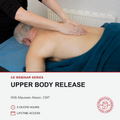 A man lying face down on a massage table while another person presses onto his upper back. The photo is split with a white lower section containing text that reads 'CE WEBINAR SERIES UPPER BODY RELEASE' and 'With Maureen Abson, CMT', plus a red circular logo for Alternative Therapies School of Massage.
