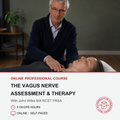 An older man in a navy sweater is performing a neck massage on a woman lying down in a therapy setting. The lower portion of the image contains promotional text reading 'ONLINE PROFESSIONAL COURSE THE VAGUS NERVE ASSESSMENT & THERAPY With John Wilkes MA RCST FRSA' with course details and a circular logo.