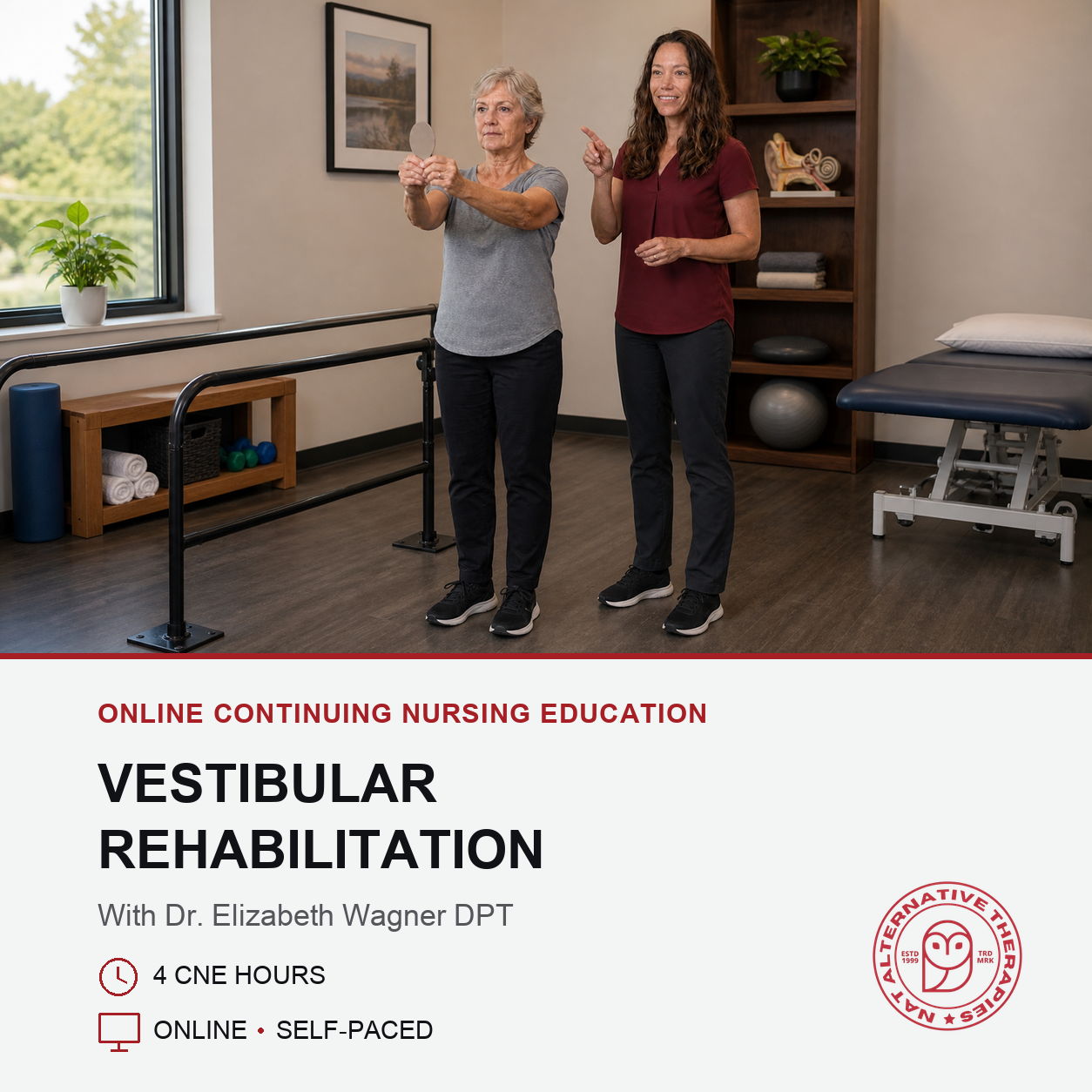 Promotional graphic for an online continuing nursing education course titled 'Vestibular Rehabilitation' with Dr. Elizabeth Wagner DPT.