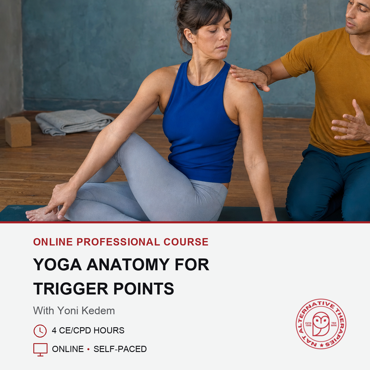 An online course cover for 'Yoga Anatomy for Trigger Points' with a photo of a woman in a blue tank top and gray leggings receiving shoulder massage from a man in a yellow shirt, with text and course details on a white lower section.