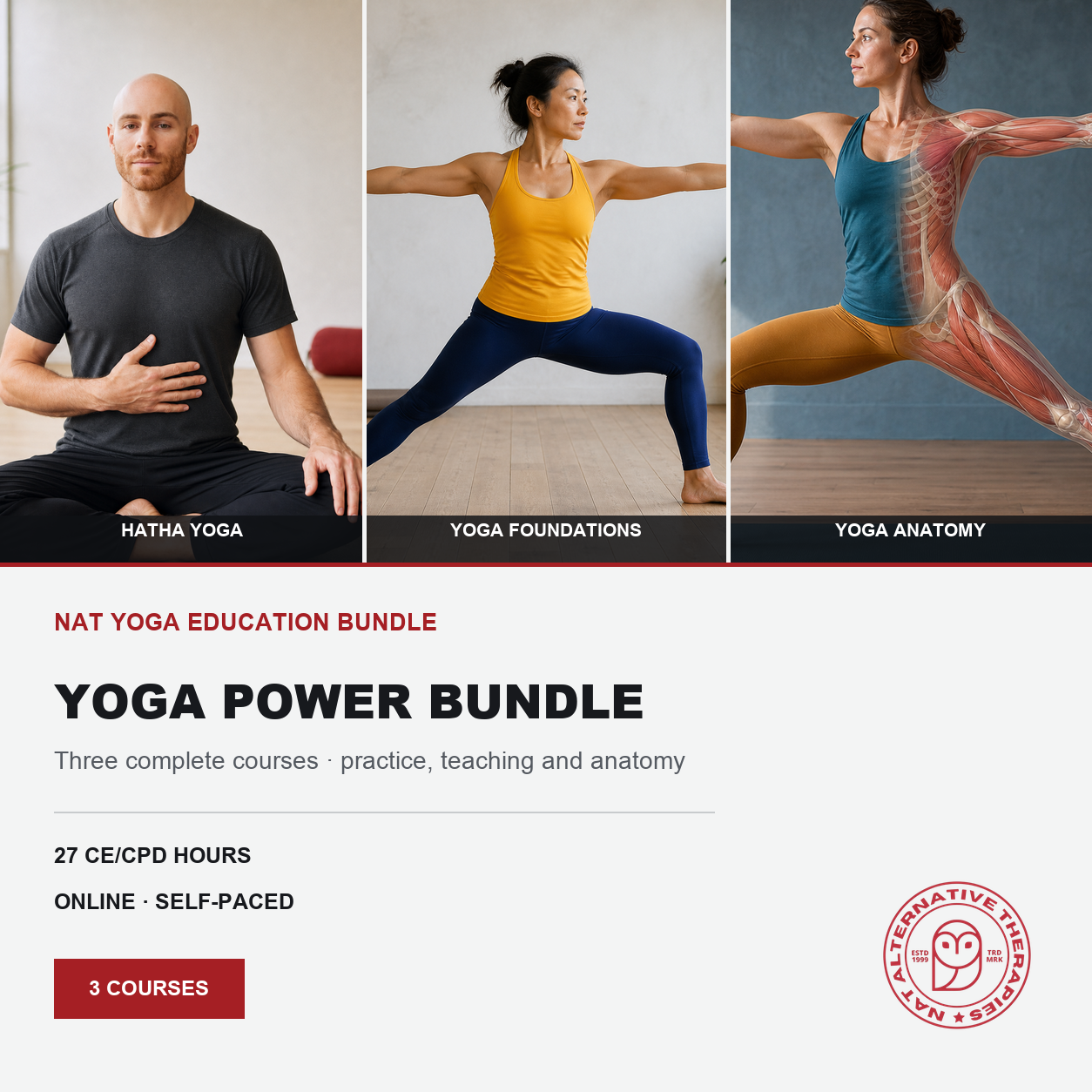 Promotional image featuring yoga instructors partaking in an online yoga course covering hatha yoga practice and yoga anatomy