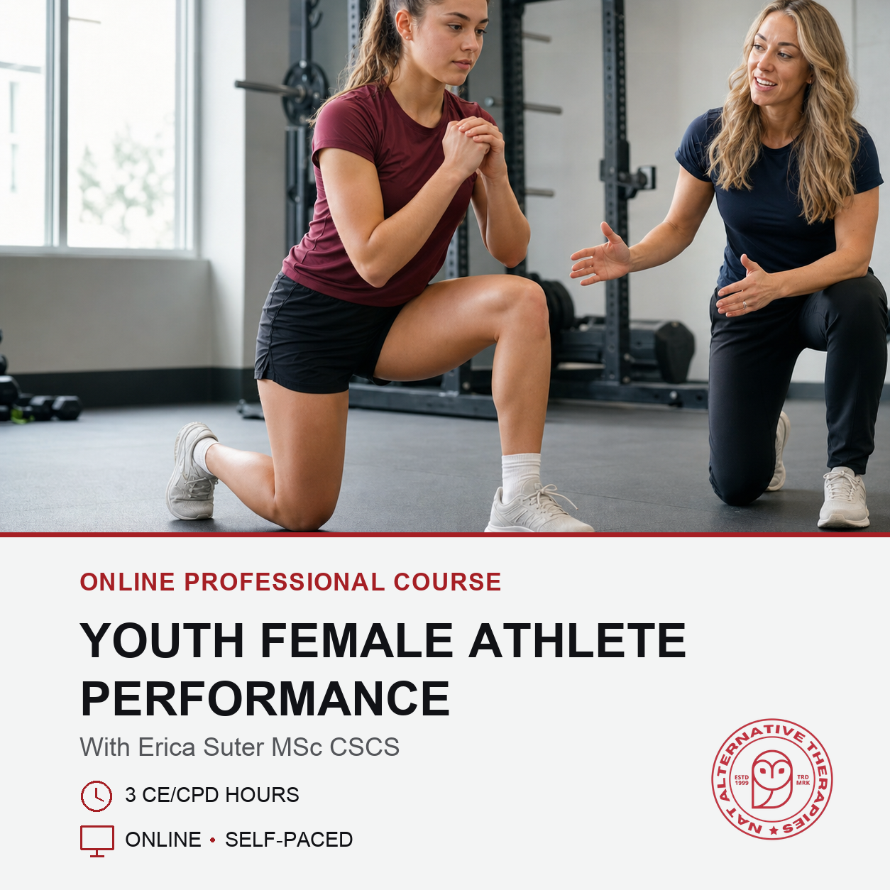 Promotional graphic for an online professional course titled 'Youth Female Athlete Performance' featuring a photo of a female athlete in a gym with an instructor, with text details below on a white background.
